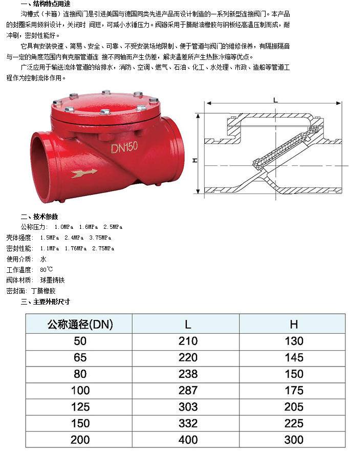 J9集团沟槽式橡胶瓣止回阀H84X参数图